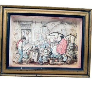 1966 Anton Pieck 3D Shadow Box Diorama "Flea Market" Framed Art Vintage